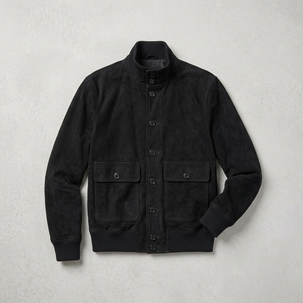 Men’s Black Suede Leather Bomber Jacket – Premium Classic Casual Aviator Coat