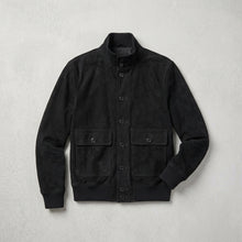 Laden Sie das Bild in den Galerie-Viewer, Men’s Black Suede Leather Bomber Jacket – Premium Classic Casual Aviator Coat
