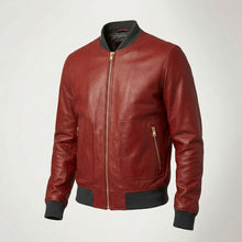 Load image into Gallery viewer, Men’s Red Lambskin Leather Bomber Jacket – Premium Fashion Casual Coat
