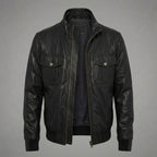 Men’s Black Leather Bomber Jacket – Simple Slim Fit Classic Casual Coat