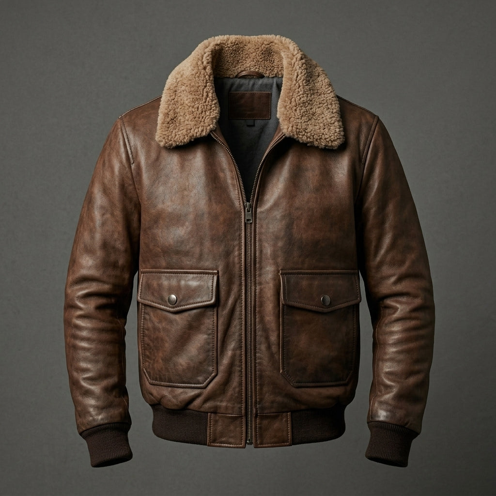Men’s Chocolate Brown G-1 Leather Bomber Jacket – Classic Flight Aviator Coat
