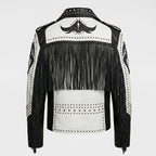 Men’s Black & White Studded Cowboy Leather Jacket – Western Biker Coat