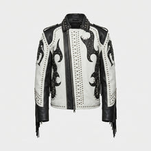Load image into Gallery viewer, Men’s Black &amp; White Studded Cowboy Leather Jacket – Western Biker Coat
