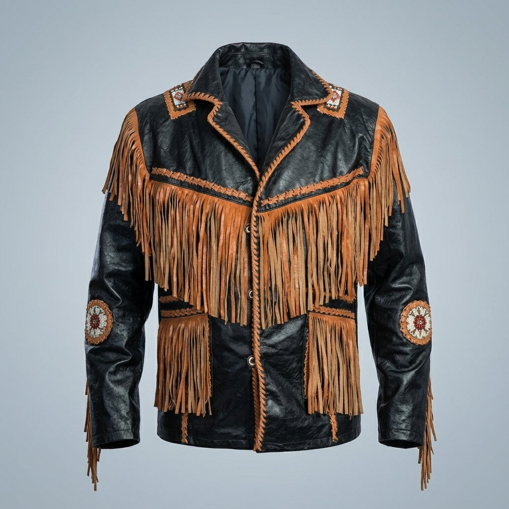 Men’s Cowboy Cowhide Leather Jacket – Fringe & Beaded Western Coat