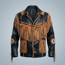 Laden Sie das Bild in den Galerie-Viewer, Men’s Cowboy Cowhide Leather Jacket – Fringe &amp; Beaded Western Coat
