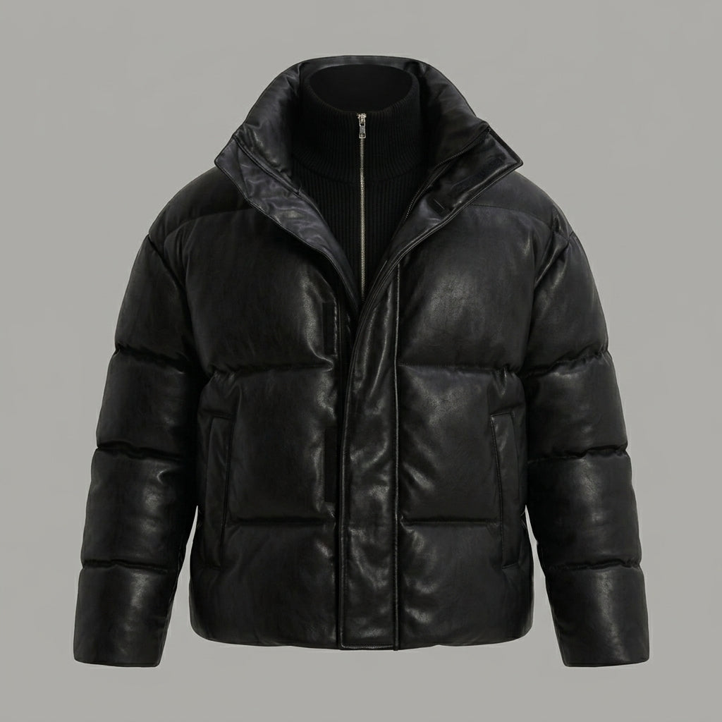 Men’s Black Faux Leather Puffer Jacket – High Neck Winter Coat