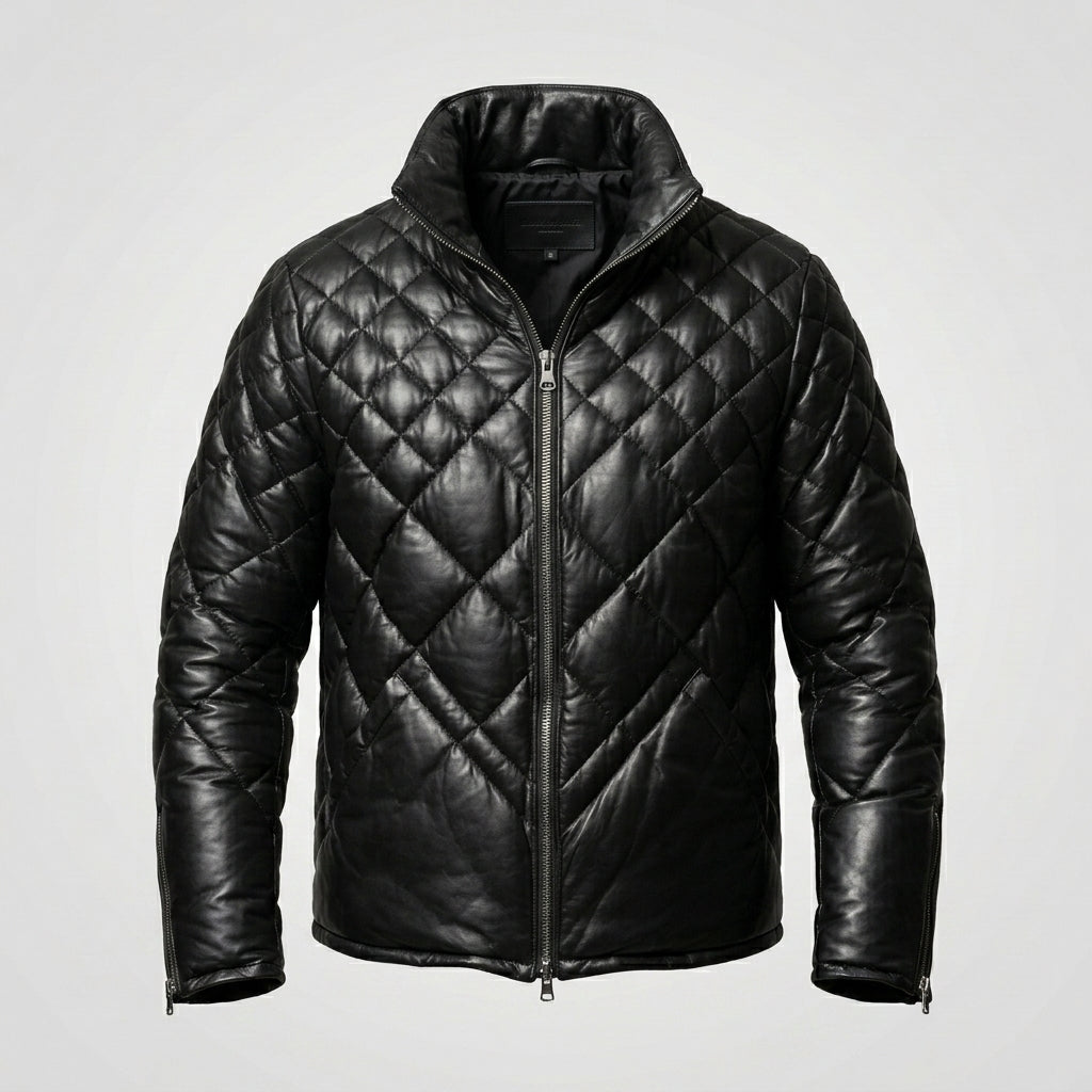 Men’s Black Lambskin Leather Puffer Jacket – Down Insulated Winter Coat