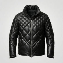 Load image into Gallery viewer, Men’s Black Lambskin Leather Puffer Jacket – Down Insulated Winter Coat
