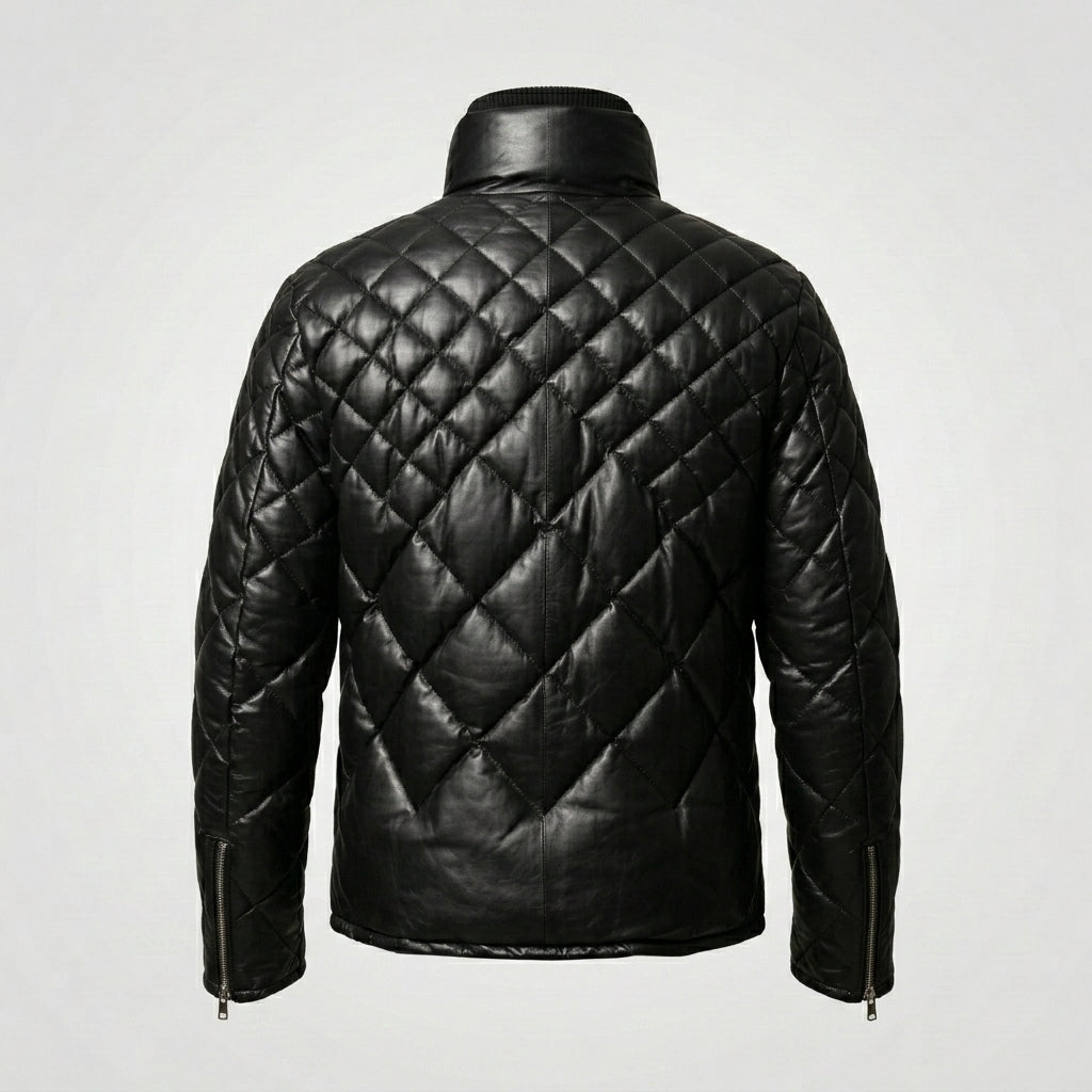 Men’s Black Lambskin Leather Puffer Jacket – Down Insulated Winter Coat