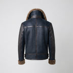 Men’s Blue Sheepskin Shearling Leather Jacket – Premium Winter Aviator Coat