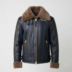 Men’s Blue Sheepskin Shearling Leather Jacket – Premium Winter Aviator Coat