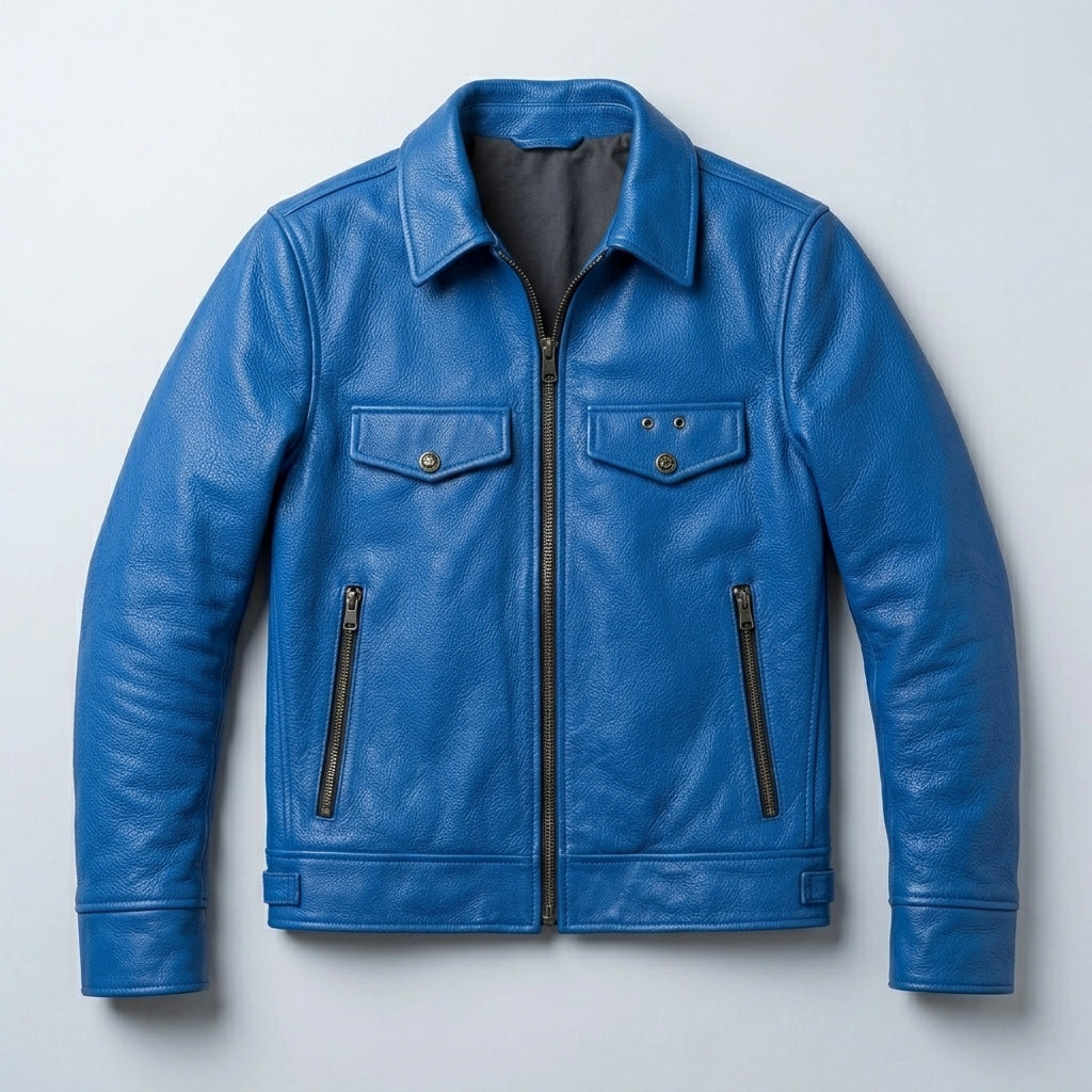 Men’s Blue Trucker Style Cafe Racer Leather Jacket – Motorcycle Biker Jacket