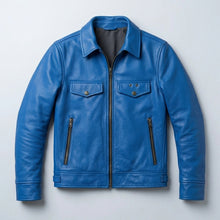 Laden Sie das Bild in den Galerie-Viewer, Men’s Blue Trucker Style Cafe Racer Leather Jacket – Motorcycle Biker Jacket
