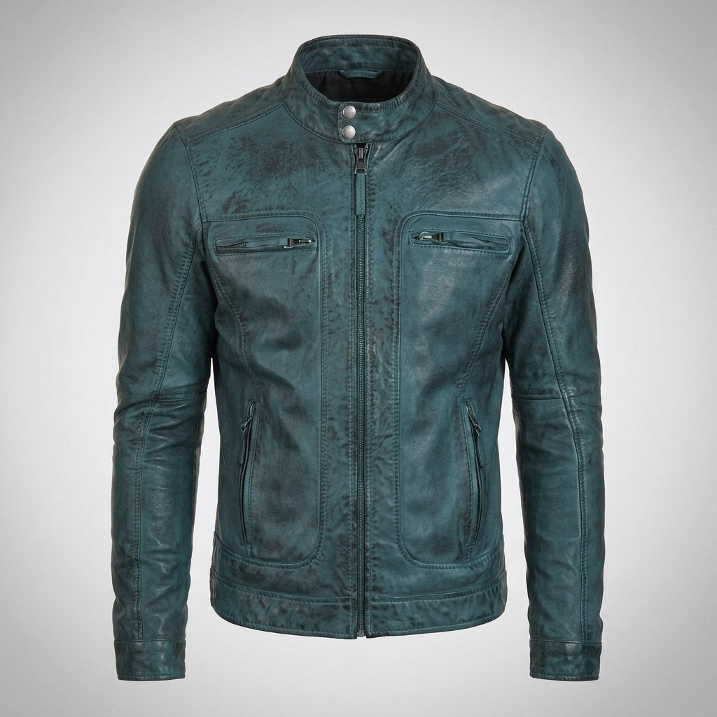 Men’s Distressed Cafe Racer Leather Jacket – Vintage Biker Motorcycle Jacket