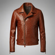 Load image into Gallery viewer, Men’s Brown Croc Embossed Leather Biker Jacket – Premium Moto Jacket
