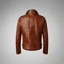 Load image into Gallery viewer, Men’s Brown Croc Embossed Leather Biker Jacket – Premium Moto Jacket
