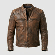 Load image into Gallery viewer, Men’s Brown Distressed Cafe Racer Leather Jacket – Vintage Biker Coat
