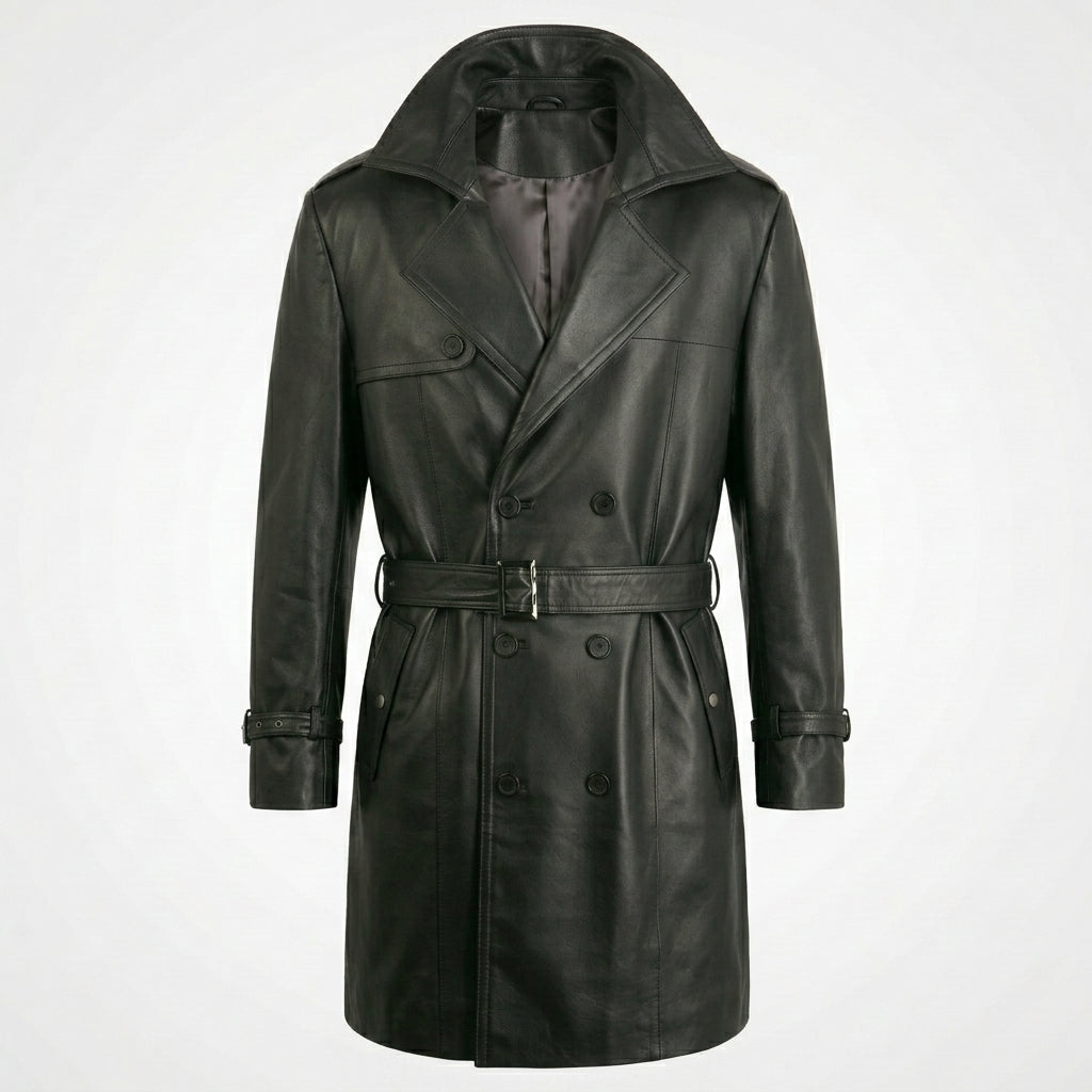 Men’s Genuine Leather Trench Coat – Classic Long Leather Overcoat