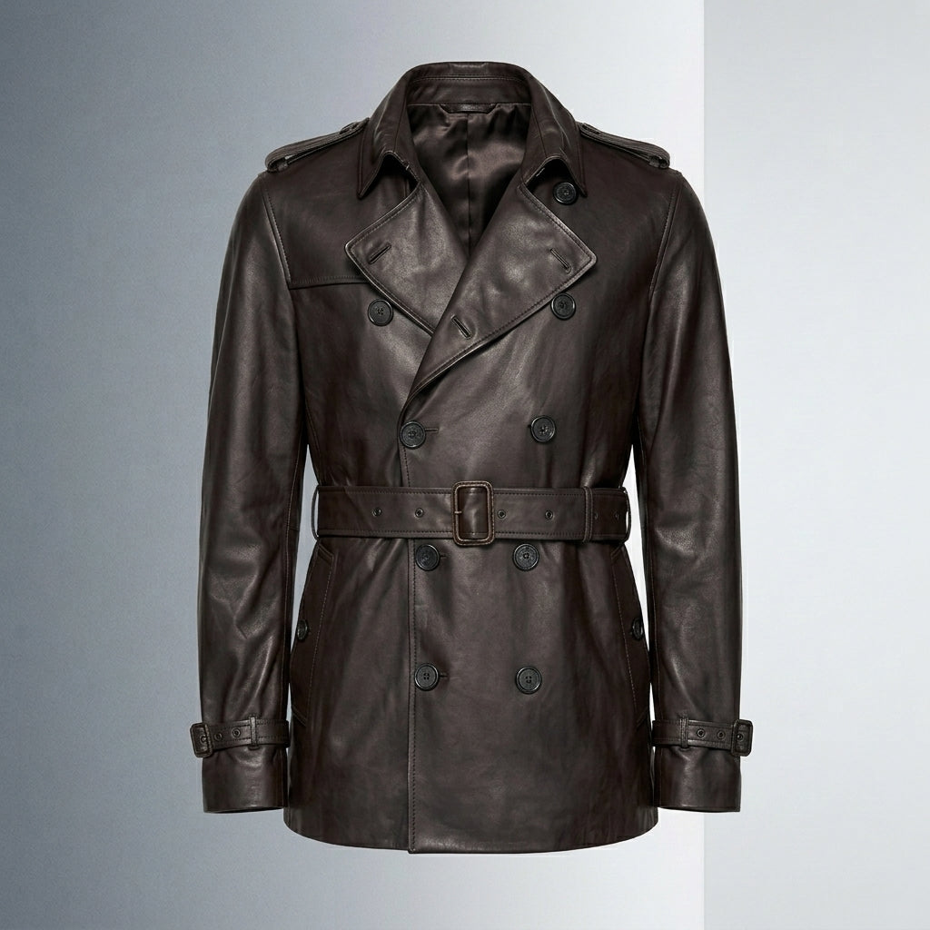 Men’s Double Breasted Lamb Leather Belted Waist Coat
