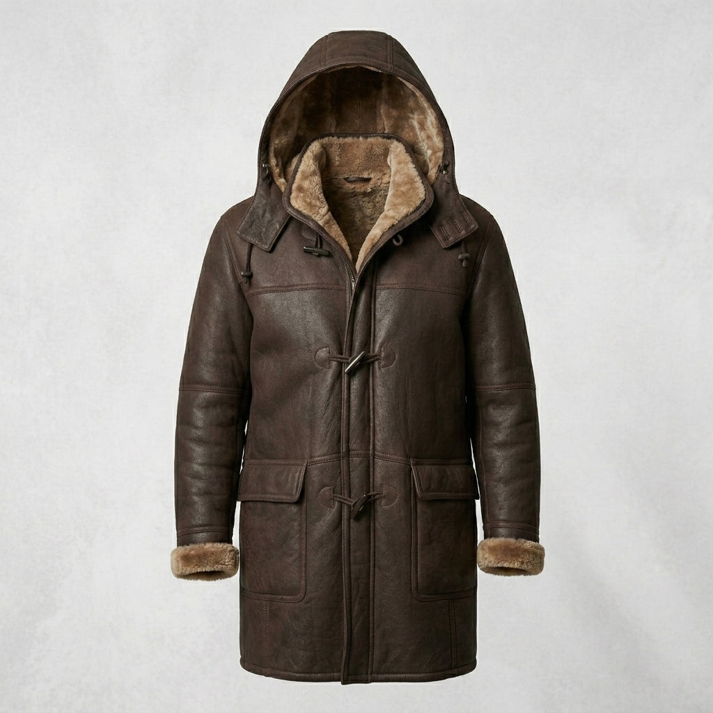 Men’s Brown Shearling Hooded Coat – Genuine Shearling Winter Coat