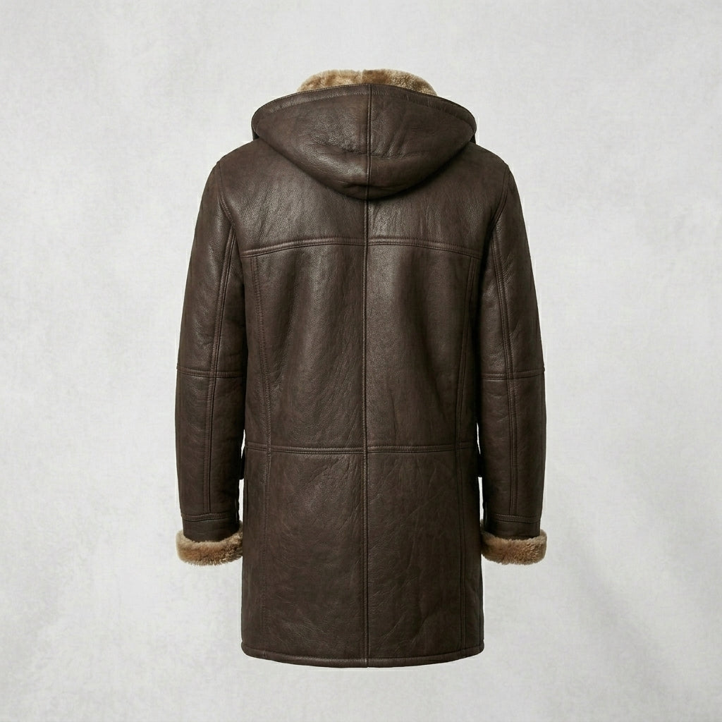 Men’s Brown Shearling Hooded Coat – Genuine Shearling Winter Coat