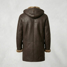 Load image into Gallery viewer, Men’s Brown Shearling Hooded Coat – Genuine Shearling Winter Coat
