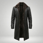Men’s Shearling Lined Black Leather Trench Coat – Luxury Winter Overcoat