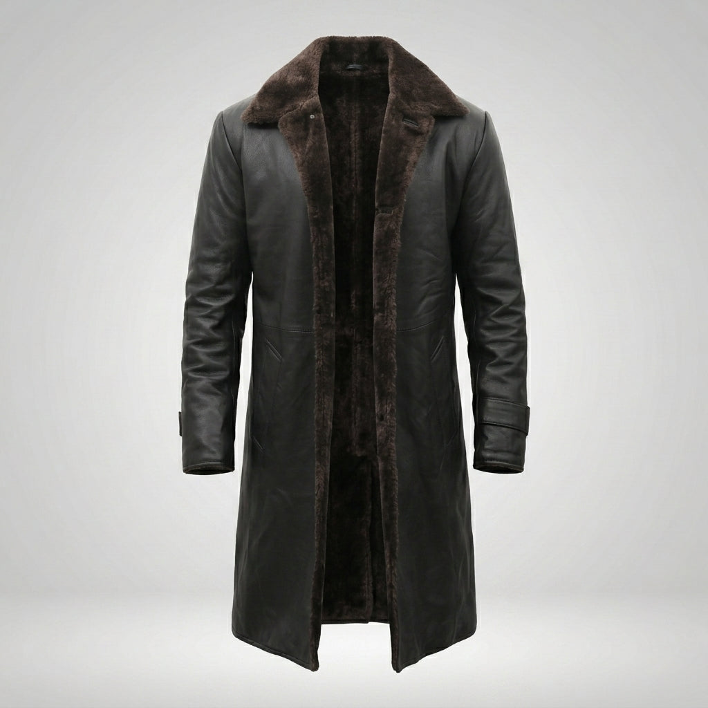 Men’s Shearling Lined Black Leather Trench Coat – Luxury Winter Overcoat