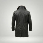Men’s Shearling Lined Black Leather Trench Coat – Luxury Winter Overcoat