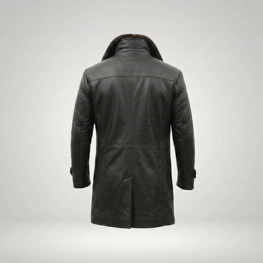 Men’s Shearling Lined Black Leather Trench Coat – Luxury Winter Overcoat