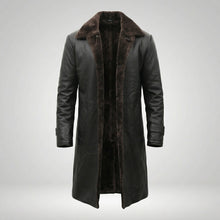 Load image into Gallery viewer, Men’s Shearling Lined Black Leather Trench Coat – Luxury Winter Overcoat
