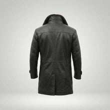 Load image into Gallery viewer, Men’s Shearling Lined Black Leather Trench Coat – Luxury Winter Overcoat
