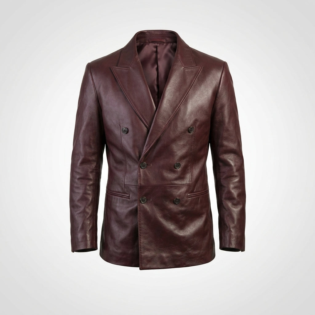 Men’s Burgundy Lambskin Leather Double Breasted Blazer – Travel Hide