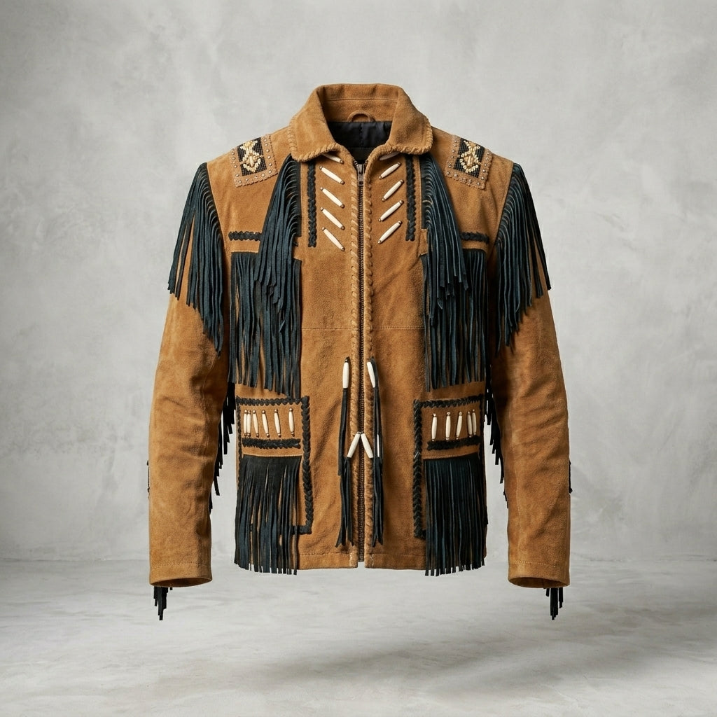 Men’s Cowboy Western Fringed Brown Leather Jacket
