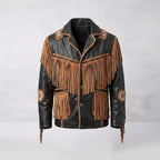 Men’s Cowboy Cowhide Leather Fringe Jacket with Beaded Western Detail
