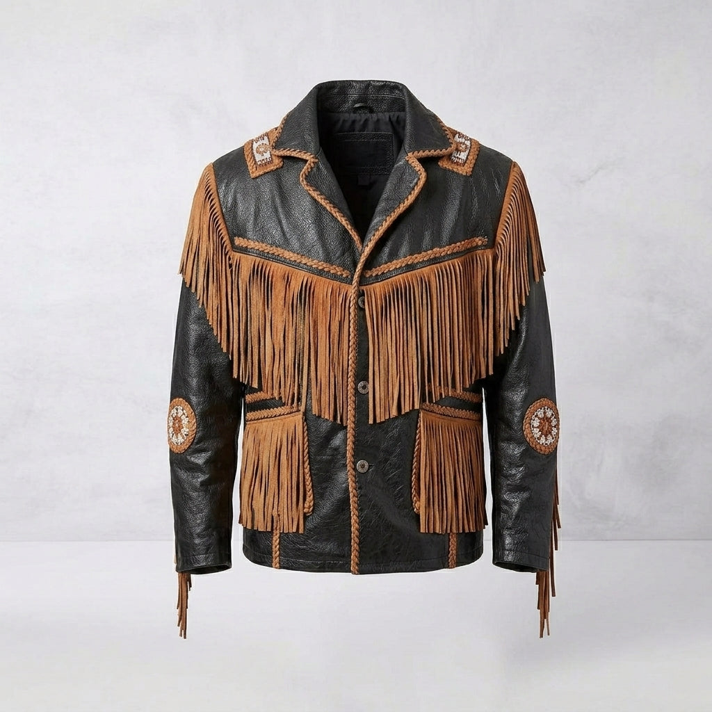 Men’s Cowboy Cowhide Leather Fringe Jacket with Beaded Western Detail