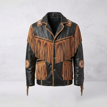 Load image into Gallery viewer, Men’s Cowboy Cowhide Leather Fringe Jacket with Beaded Western Detail
