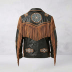 Men’s Cowboy Cowhide Leather Fringe Jacket with Beaded Western Detail