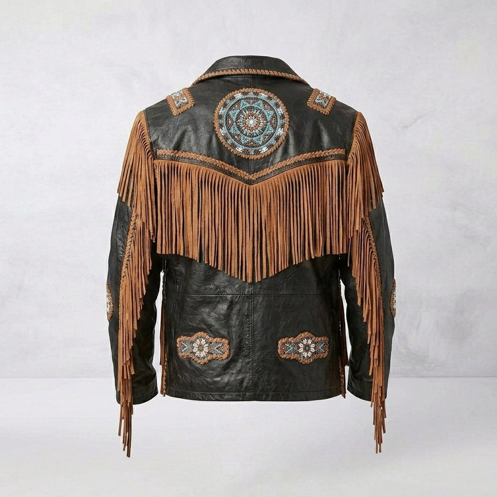 Men’s Cowboy Cowhide Leather Fringe Jacket with Beaded Western Detail