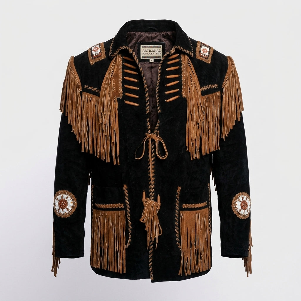 Authentic Western Leather Fringe & Beaded Jacket for Men