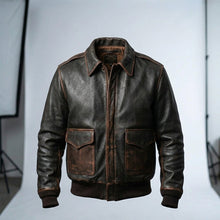 Load image into Gallery viewer, Men’s Brown A2 Aviator Military Pilot Leather Bomber Jacket – Classic Flight Coat
