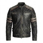 Men’s Distressed Black Cow Leather Biker Jacket – Vintage Quilted Moto Jacket