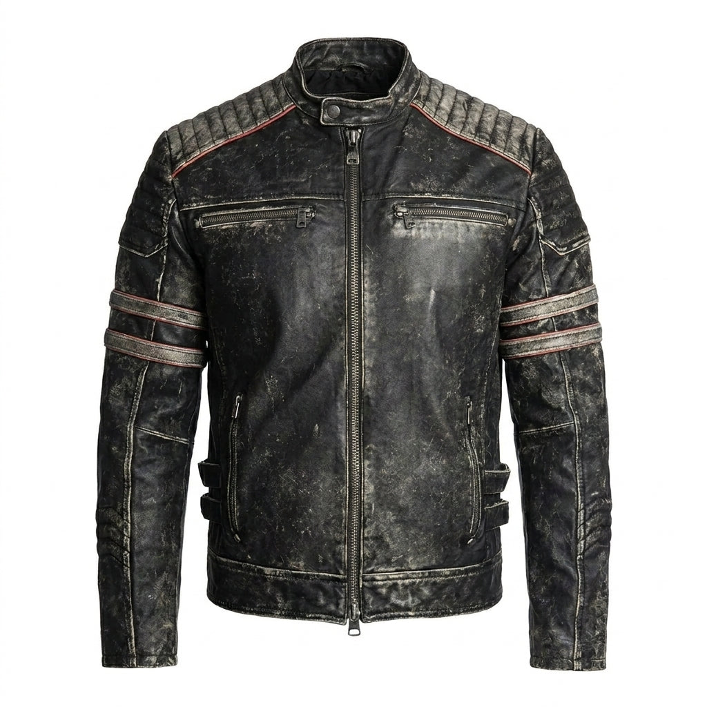 Men’s Distressed Black Cow Leather Biker Jacket – Vintage Quilted Moto Jacket