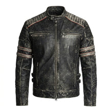 Load image into Gallery viewer, Men’s Distressed Black Cow Leather Biker Jacket – Vintage Quilted Moto Jacket
