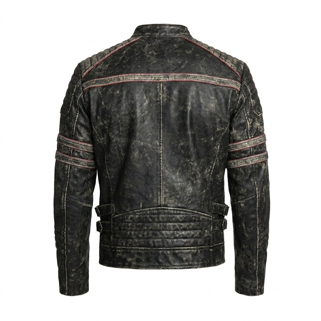 Men’s Distressed Black Cow Leather Biker Jacket – Vintage Quilted Moto Jacket