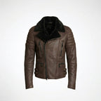Men’s Brown Shearling Cafe Racer Leather Jacket – Vintage Aviator Biker Coat