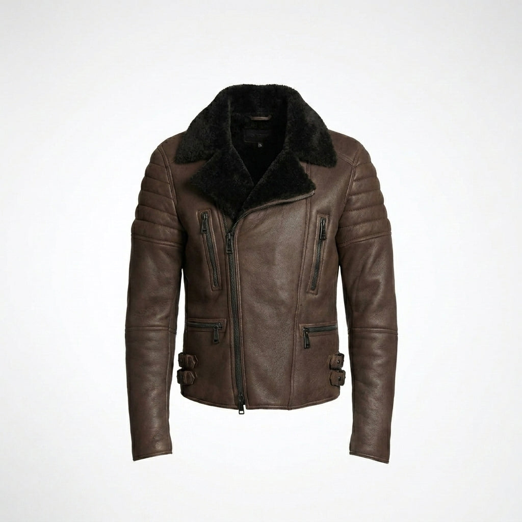 Men’s Brown Shearling Cafe Racer Leather Jacket – Vintage Aviator Biker Coat