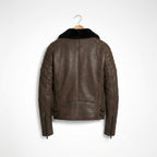 Men’s Brown Shearling Cafe Racer Leather Jacket – Vintage Aviator Biker Coat