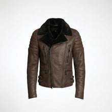 Load image into Gallery viewer, Men’s Brown Shearling Cafe Racer Leather Jacket – Vintage Aviator Biker Coat
