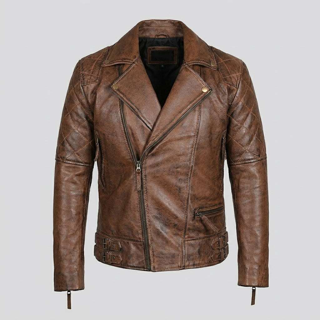 Men’s Brown Distressed Leather Motorcycle Jacket – Vintage Biker Moto Coat